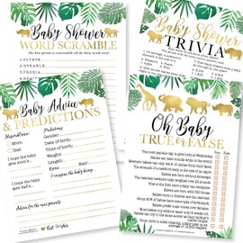 Hadley Designs 50 Safari Baby Shower Juegos de género neutro – 4 juegos de doble cara, tarjetas de predicción y consejo del bebé, trivia del bebé, juego de baby shower verdadero o falso, etc., juegos de revelación de género para invitados