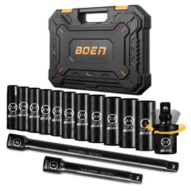 BOEN 14-Piece 3/8" Drive Deep SAE Impact Socket Set, 3/8" to 1" Socket, 3/8-Inch Drive Universal Joint丨6", 10" Extension Bars, 6 Point Design, Cr-V Steel, Heavy Duty Storage Case