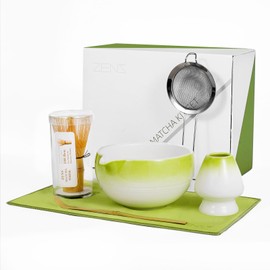 ZENS Matcha Set, 450ML Matcha Whisk Set and Bowl, 6pcs Matcha kit with Bamboo Whisk & Scoop, Holder (Chasen), Matcha Sifter, Tea Towel for Matcha Ceremony, Green