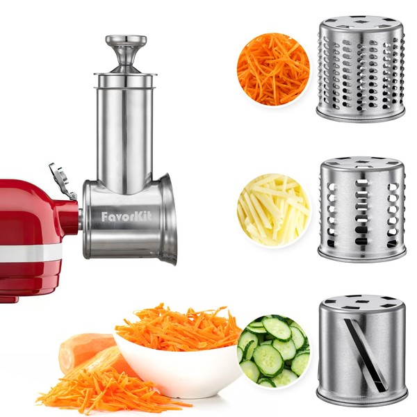 FavorKit Stainless Steel Slicer Shredder Attachment for KitchenAid Mixers, Bigger Vegetable Salad Maker Accessories with 3 Cylinder Blades,Dishwasher Safe!