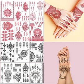 Xmasir Henna Tattoo, 12 Sheets Henna Stickers, 6pcs Red + 6pcs Black, Waterproof Henna Tattoo Stickers for Adults or Kids (6 Red+ 6 Black)