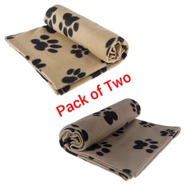 Two Pet Blanket Large for Dog Cat Animal 60" x 40" Inches Fleece Black Paw Print All Year Round Puppy Kitten Bed Warm Sleep Mat Fabric Indoors Outdoors by RZA (Pack of Two Grey/Tan)