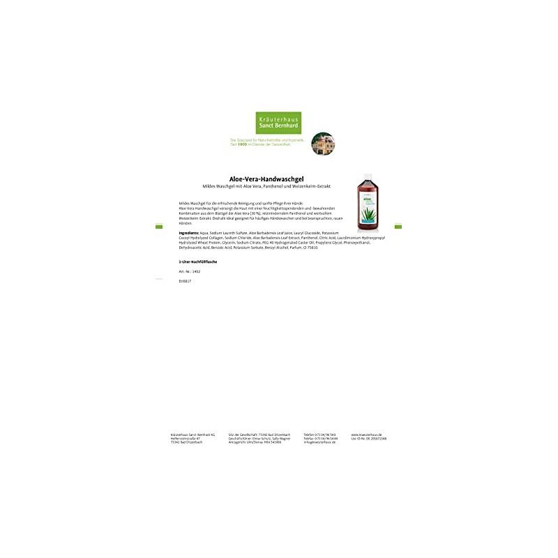 Sanct Bernhard Aloe Vera Hand Wash Gel 1 Litre