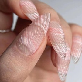 24Pcs Press on Nails Medium Almond - 24pcs 3D Three-Dimensional Shell Ripple Pink Stick On Nails - Press on Nails with Nail Glue - Oval Stick on Nails for Women - Nails Fake Nail for Nails Art