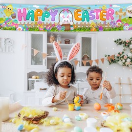 Easter Decorations Happy Easter Banner Blue Easter Bunny Banner Easter Hang Porch Banner Easter Yard Sign for Wall Yard Fence Spring Theme Party Indoor Outdoor(Banner)