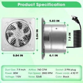 2 Pack 8 Inch Kitchen Exhaust Fan, 760CFM Metal Attic Exhaust Fan, 80W Wall Mounted Garage Ventilation, 52dB Low Noise Basement Extractor Fans with Back draft Damper for Home Commercial Use(White)