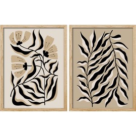 SIGNWIN Framed Set Abstract Botanical Line Monochrome Floral and Foliage Nature Wilderness Illustrations Modern Art Decorative Farmhouse/Country Cozy Colorful for Bedroom - 12"x16"x 2 Natural
