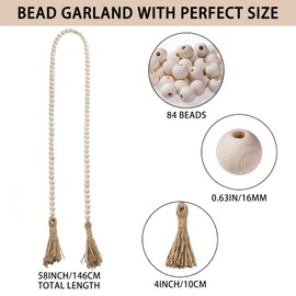 58inch Wood Beads Garland Farmhouse Beads - Natural Prayer Wood String Beads Decorative Beads for Wall Hanging Vase Handle Door Boho Decor