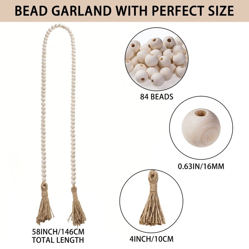 58inch Wood Beads Garland Farmhouse Beads - Natural Prayer Wood