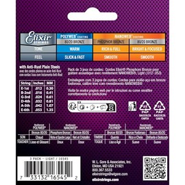 Elixir Strings 16545 cuerdas para guitarra acústica de bronce fosfórico con revestimiento NANOWEB, ligeras, 3 paquetes (0.012-0.053)