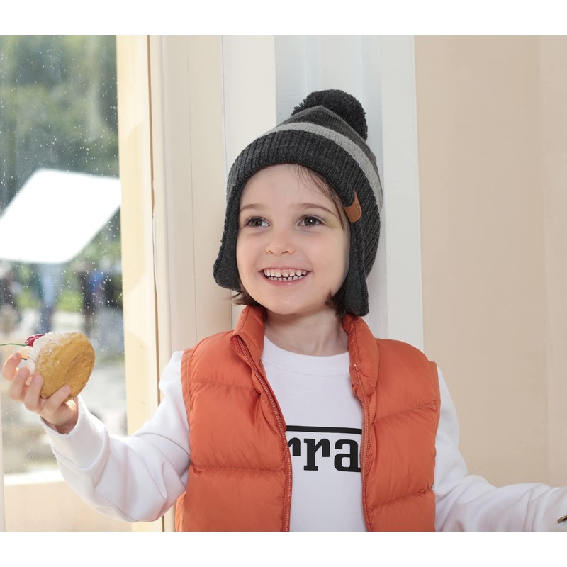 AHAHA Girls' Winter Hat, Earflap Beanie, Pompom Knitted Hats