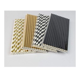 Dulousia Biodegradable Stripe Straws Gold and Black Paper Drinking Straws for Party 100 Pcs 7.75 Inches for Adult and Kids