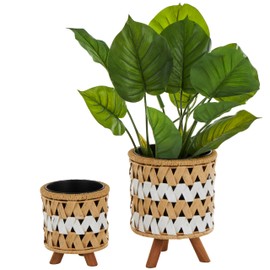 Deco 79 Jute Rope Geometric Handmade Indoor Planter Woven Chevron Small Planter Pot with Black Metal Pots and Wooden Legs, Set of 2 Planters 13", 9"H, Brown