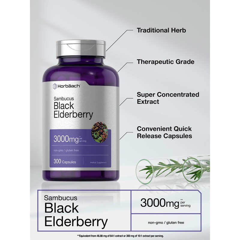 Horbäach Black Elderberry | 3000mg Capsules | 300 Count |