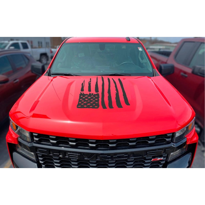 EmblemsPlus Chevy Silverado Matte Black Distressed Flag Hood Decal Graphic