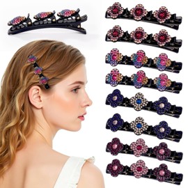 JSRQT 8Pcs Crystal Stone Braided Hair Clips, Four Leaf Clover Rhinestone Bangs Clip Hair Slides for Women Girls, Double Layer Design Duckbill Hairpin with 3 Mini Hair Pins, 4 Styles