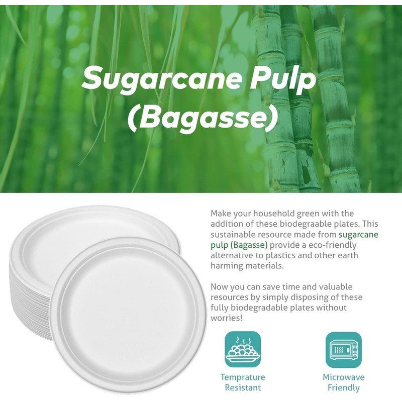 ECONX 50pc Compostable Biodegradable Bagasse Plates Eco Friendly Biodegradable and