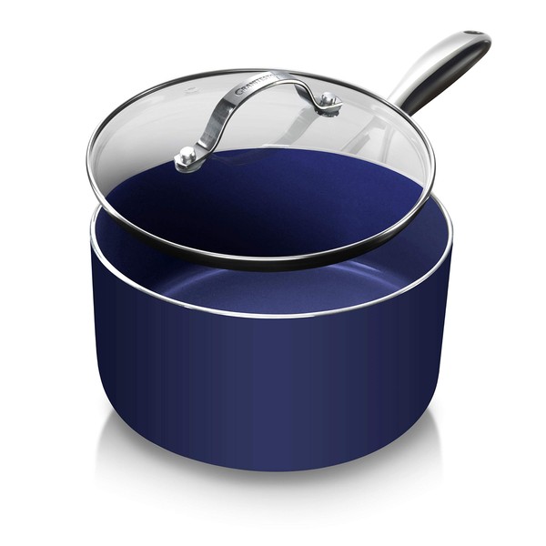 Granitestone Blue 2.5 Quart Saucepan with Ultra Nonstick & Durable Mineral Derived & Diamond Reinforced Surface, Stay Cool Handles & Tempered Glass Lid