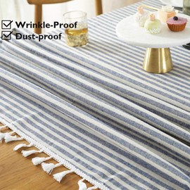 meioro Table Cloth Blue White Striped Tablecloth Tassels Cotton Linen Dust-Proof Table Cover for Dining Coffee Buffet Kitchen Picnic Tables, Parties Holiday Tablecloths (47x62 Inch)