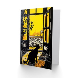 Artery8 Black Cat Sunbathing Balcony for Him or Her Man Woman Birthday Thank You Congratulations Blank Art Greeting Card