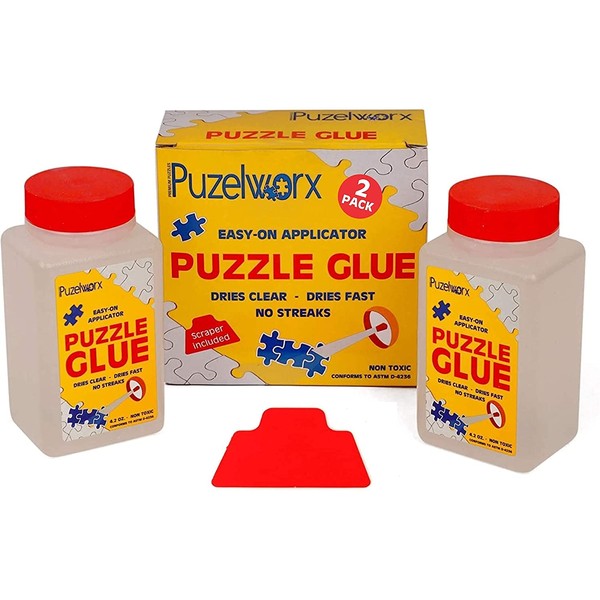Playkidiz Puzzleworx Easy-On Applicator - Puzzle Glue, Pack of 2, Non-Toxic Clear Glue for 1000 Piece Puzzles - Puzzle Accessories - Dries Quickly and Clear - 4.2 oz per Bottle (Total 8.4)