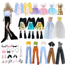 29-Piece Fashion Dolls Clothes and Accessories Set for 29.2 cm Dolls - Yellow Themed Outfits with Fur Stoles, Princess Dresses, Retro Top Pants Combinations & 15 Matching Accessories