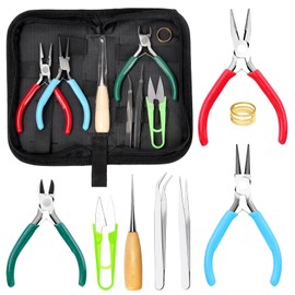 Rustark 9Pcs Jewelry Pliers Set Includes Long Nose Pliers, Diagonal Wire Cutter, Round Nose Pliers, Tweezers, Jump Ring Opener, Awl, Scissors with Storage Bag for Jewelry Making Repair