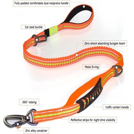 Heavy Duty Dog Leash Especially for Large Dogs Up to 150lbs, Reflective Dog Walking Training Shock Absorbing Bungee Leash with Car Seat Belt Buckle, 2 Padded Traffic Handle for Extra Control