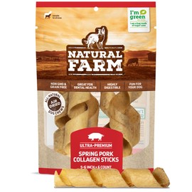 Natural Farm Curly Pork Collagen Sticks (5-6 Inch, 6 Pack), Fully Digestible & Natural Dog Chews, Flavorful & Long Lasting, Best for Small & Medium Chewers, Odor-Free Rawhide Alternative