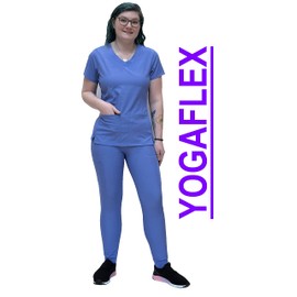 ANGIE UNIFORMS YOGAFLEX Jogger Scrubs for Women Set. Regular and PETITE. Side Spandex 2 Pockets Top with Yoga Waist Joggers. PETA410 (CEIL, L PET)