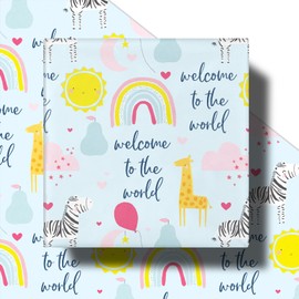 RUSPEPA Baby Shower Wrapping Paper Roll for Boys, Mini Roll, Blue Welcome to the World Rainbow, Zebra, Giraffe and Sun Design Gift Wrap Perfect for Newborn Gift, Baby Shower, 17 Inches x 16.4 Feet