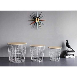 HOMION Modern Round Wire Metal Storage Basket Side Table Bedroom Balcony Corner Tea Table (White, Small)