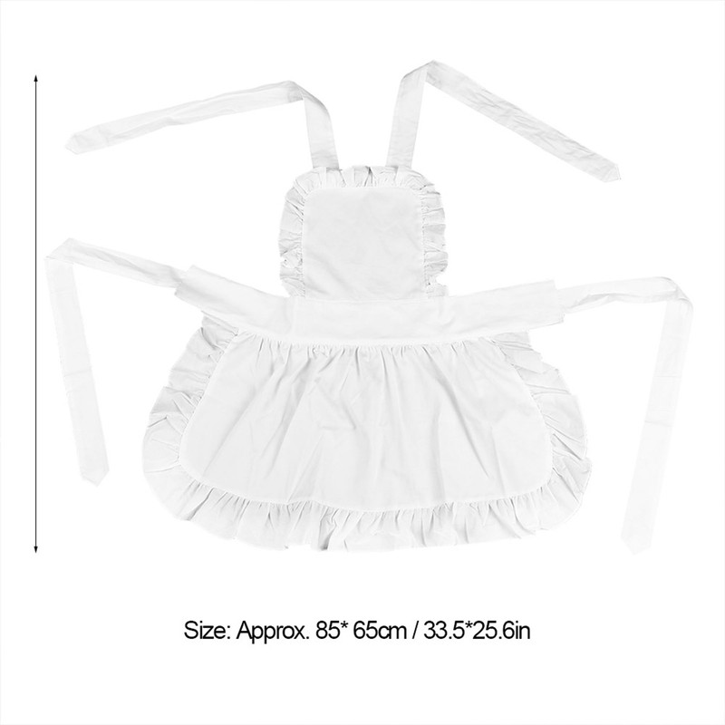 White Cotton Women Maid Apron Ruffle Hem Kitchen Solid Color