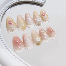 Short Press on Nails Almond Fake Nails with 3D Flower Designs Pink Nails Press ons Water Ripples Glue on Nails Spring Acrylic Nails Pearl False Nails Summer Stick on Nails for Women 30Pcs