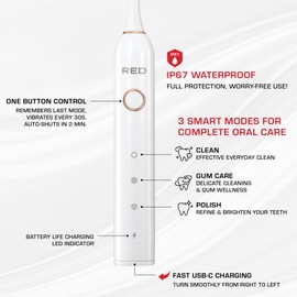 Red by Kiss Hypersonic Ultra Powerful Electric Toothbrush – 3 Cleaning Modes, Gum Care Protection, 75-Day Battery, USB-C Fast Charging, Waterproof IP67, 4 Extra Brush Head Set (White)