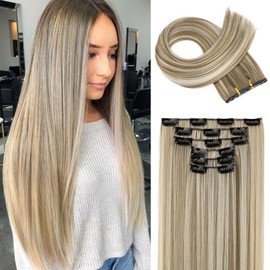 FLUFYMOOZ 6PC Clip-In Hair Extensions, 6-Piece Clip-in Hair Extensions Set, 24 inch, Straight, Long, Extensions for Women, Synthetic Hairpiece (Ash Brown with Blonde Highlights)