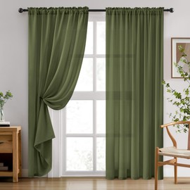 HOMEIDEAS Olive Green Privacy Sheer Curtains, Non See Through Semi Sheer That Let Light in 84 Inches Long Light Filtering Terracotta Window Drapes for Living Room Bedroom, 52 X 84 Inches 2 Panels Set