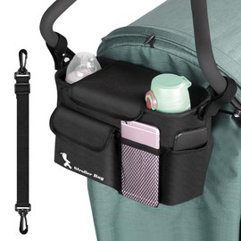 EUIEUT Pram Bag Universal Pram Buggy Organiser Bags Changing Bag Organiser Bag for Pram Black Drink Holder Pram Buggy Accessories with Adjustable Shoulder Strap