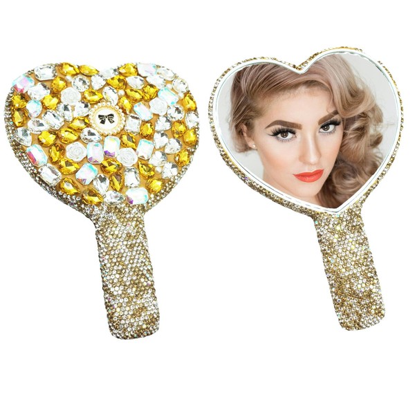 Frinnovan Rhinestone Large Rhinestone Handheld Mirror Heart Bling Sparkle Cosmetic