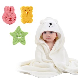 HoaaiGo Baby Bath Towels with 3 Bath Sponges, Soft Baby Bath Towel, Child Hooded Towel, Super Absorbent, Baby Washcloth Towels with Cute Ears for Newborns / Toddlers 0-3 Years (Wear)