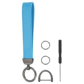 sourcing map Leather Wristlet Keychain Car Key Chain Wristlet for Women, 7 Inch Key Fob Holder with D Ring and 2 Key Ring for Keys Wallets Purse, Black/Sky Blue