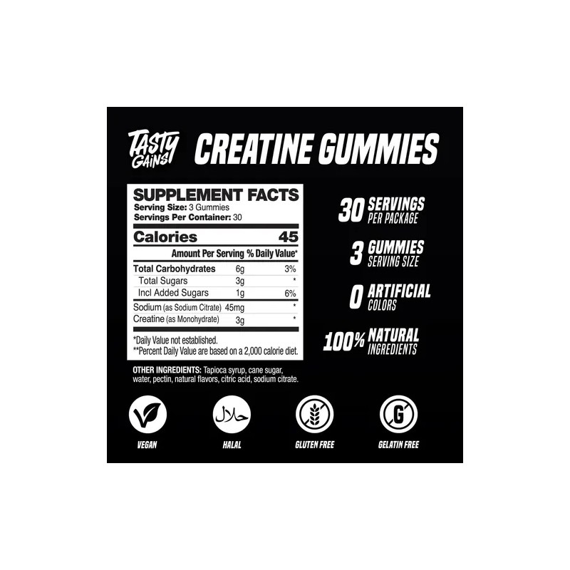 Gomitas de Creatina Monohidratada Tasty Gains para Energía y Recuperación,