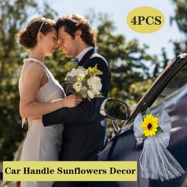 4PCS Sunflower Car Door Handle Decoration – Artificial Sunflowers with White Tulle Bows & Suction Cups, Elegant Cars Accessories for Just Married Wedding & Holiday Car Decor