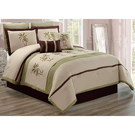 Grand Linen 8 Piece Oversize Sage Green/Dark Beige/Brown Tropical Palm Tree Embroidered All-Season Comforter Set Queen Size Bedding 94"X92"