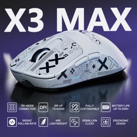 ATTACK SHARK X3MAX Esports Wireless Gaming Mouse,PixArt PAW3950 Gaming Sensor,Up to 42K DPI,100 Million Micro,49g Lightweight Tri-Mode(BT5.2/2.4Ghz/Wired) Mice with Coiled Cable-White&Tape
