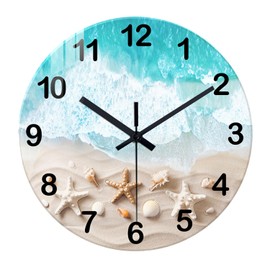 XNM Modern Coastal Wall Clocks Battery Operated 12 Inch Round Blue Beach Clock for Bathroom Silent Wall Clock Non Ticking