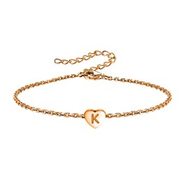 KunBead Mini Size Rose Gold Initial K Letter Bracelet Love Heart Charm Stainless Steel Birthday Adjustable Bracelet