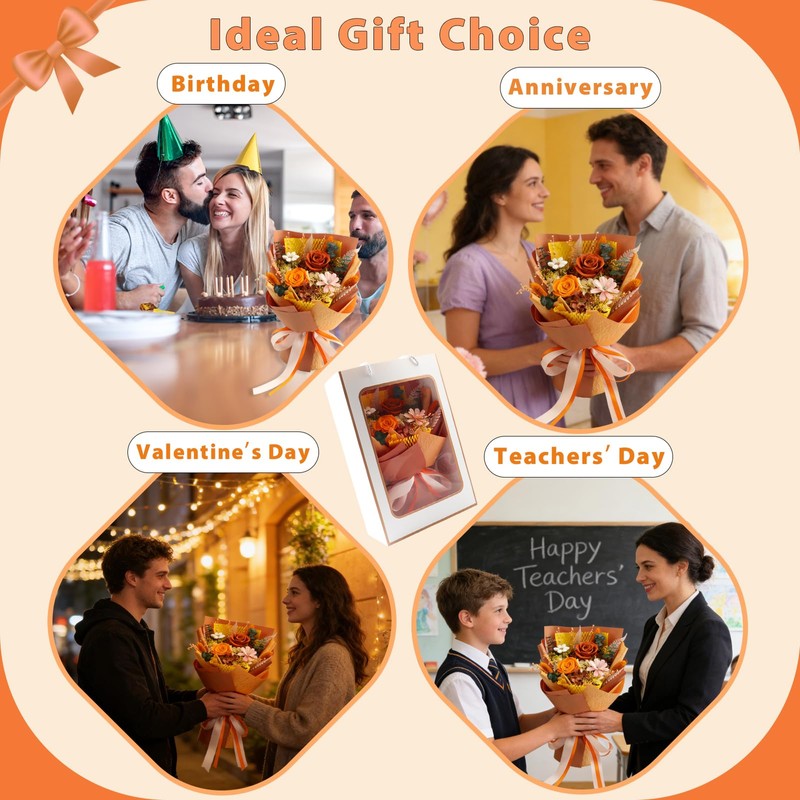 Orange Long‑Lasting Preserved Flower Bouquet with Gift Box