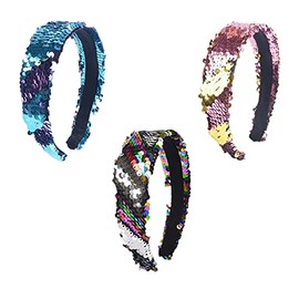 CHSYOO 3 Pcs Mermaid Sequined Headband Filp Gitter Headband Double-sided Sequined Padded Headband Magic Alice Girl Hair Accessories Ladies Party Gift（colorful/silver, gold/pink, blue/purple）
