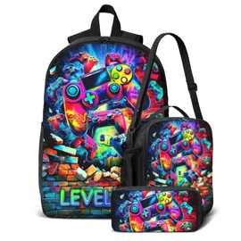 School Backpack Set for Boys 3pcs Game Boys Backpack with Lunch Box and Pencil Case for Kids Children Teens Elementary Middle School Large Capacity Game School Bag 17" Travel Back Pack for Age 6-18
